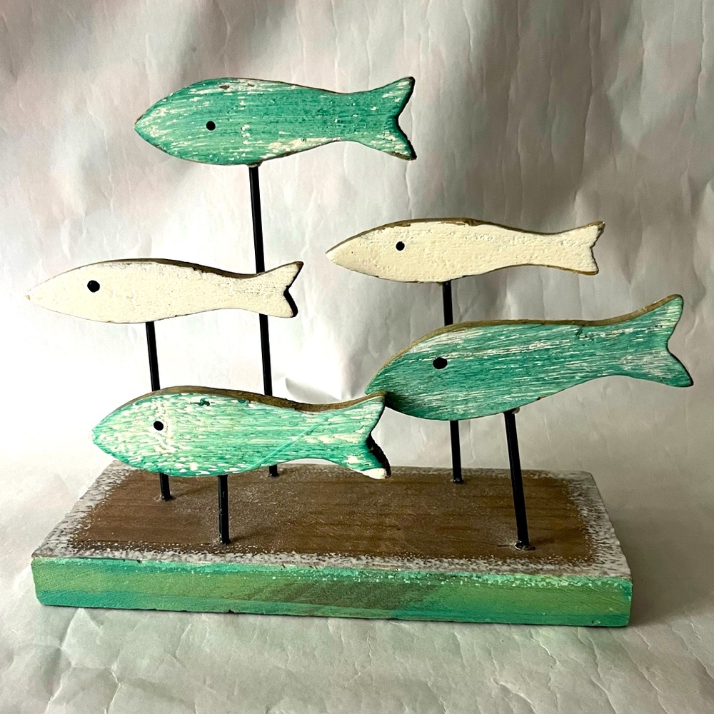 Swimming Fish on Stands Wooden Art Decor 5 x 6 in. Aqua with Base